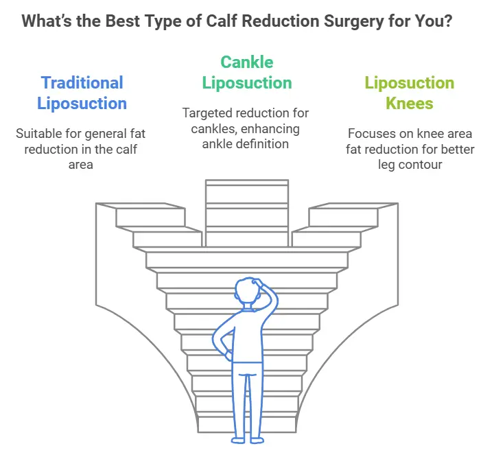 Comparison of traditional liposuction, cankle liposuction, and knee liposuction with a person deciding.